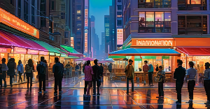 A vibrant cityscape at dusk with traditional and modern buildings, neon lights, and people using smartphones.