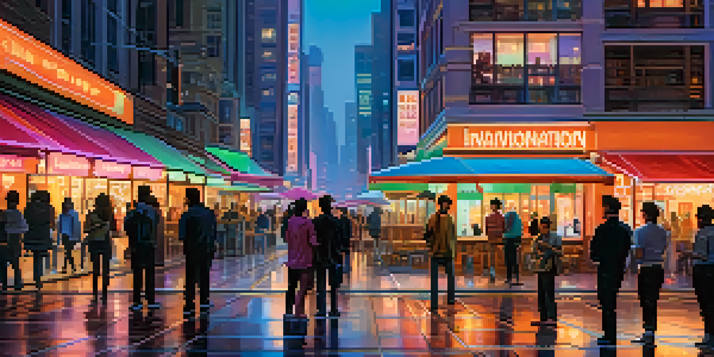 A vibrant cityscape at dusk with traditional and modern buildings, neon lights, and people using smartphones.