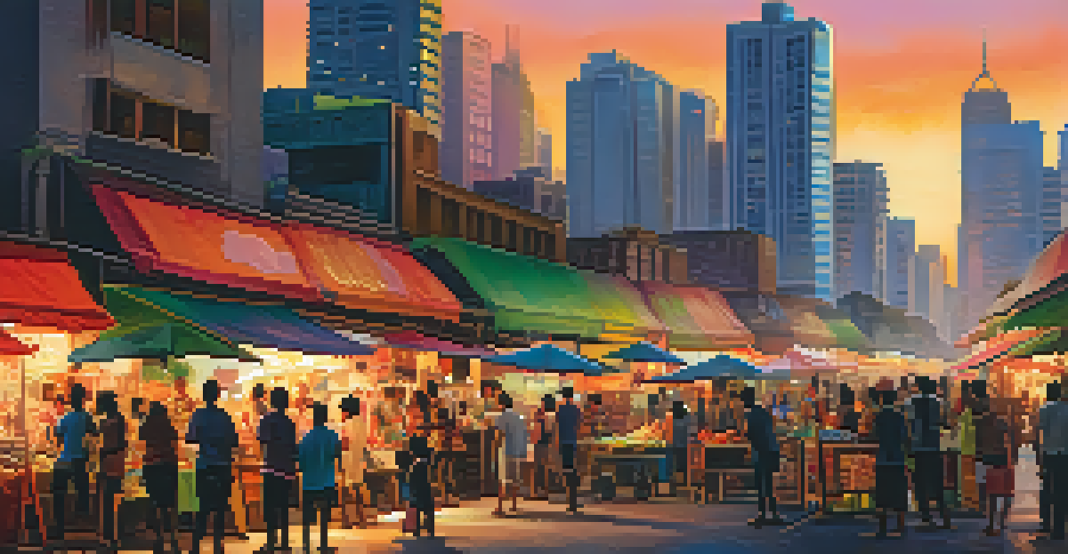 A lively urban street at sunset with skyscrapers, warm lights, and people enjoying their time.