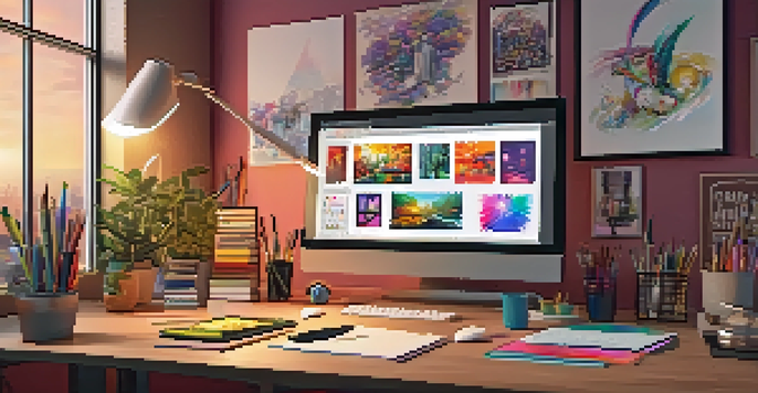 A digital artist's workspace with colorful artwork on a screen, drawing tablet, and art supplies in a warm-lit environment.