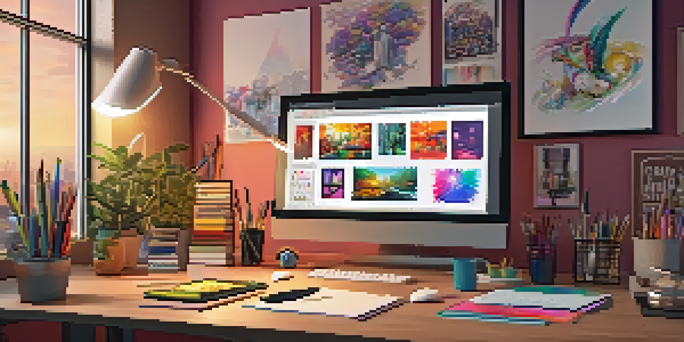 A digital artist's workspace with colorful artwork on a screen, drawing tablet, and art supplies in a warm-lit environment.
