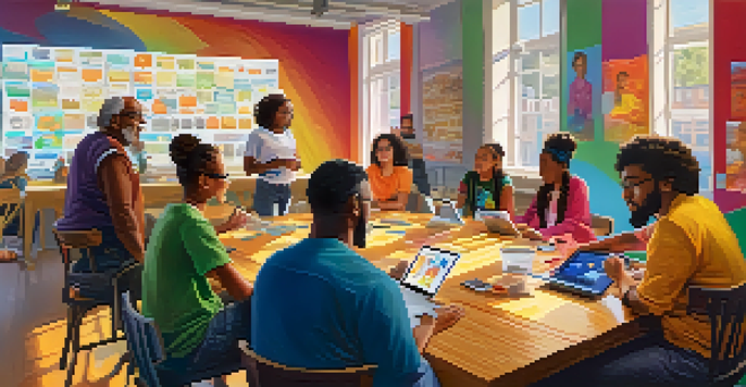 A diverse group of people participating in a community workshop about cryptocurrency, with laptops and educational materials present.
