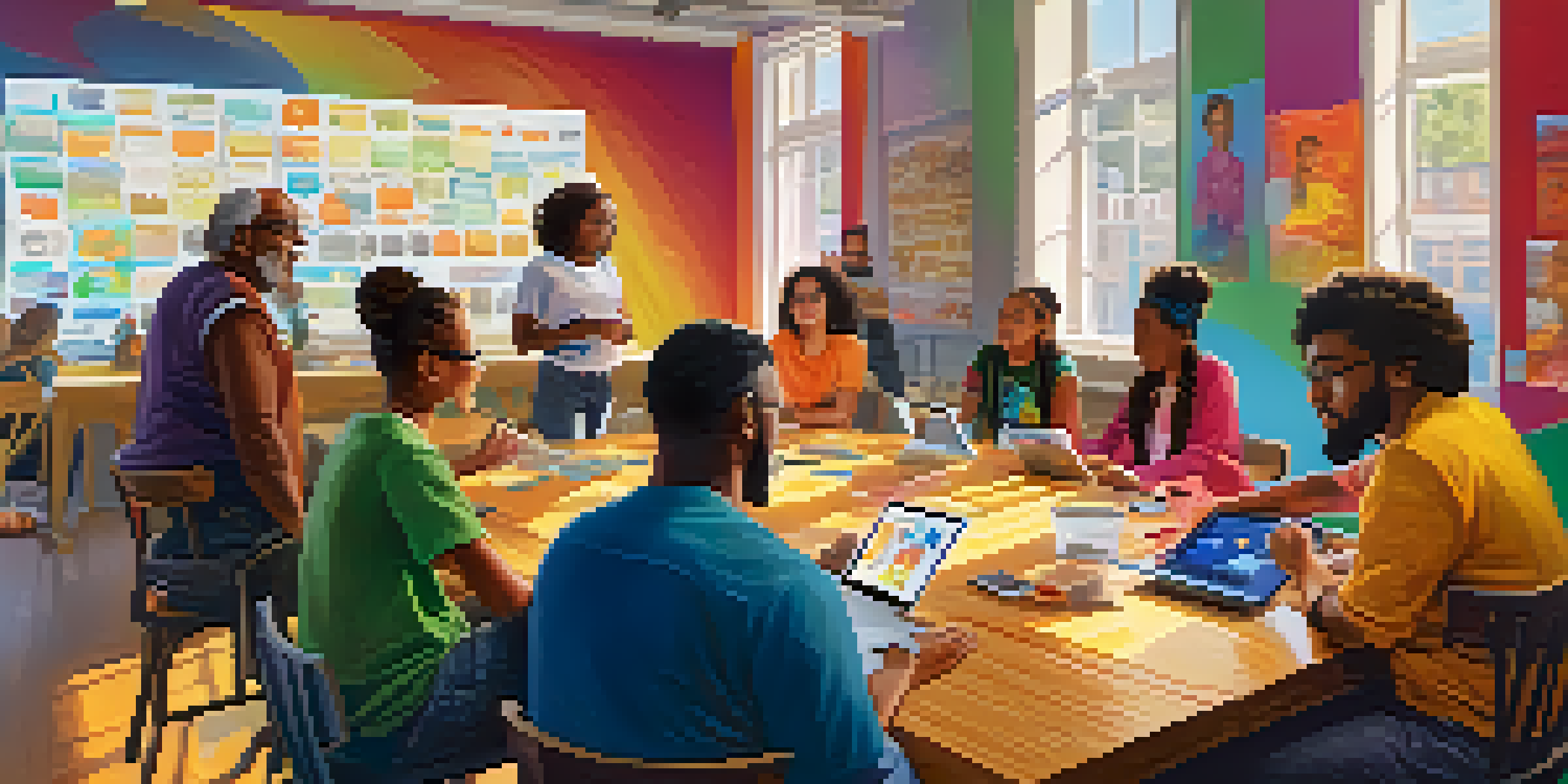 A diverse group of people participating in a community workshop about cryptocurrency, with laptops and educational materials present.