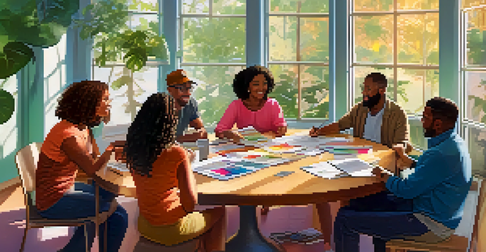 A diverse group of people sitting around a table discussing community projects with sunlight streaming through windows.