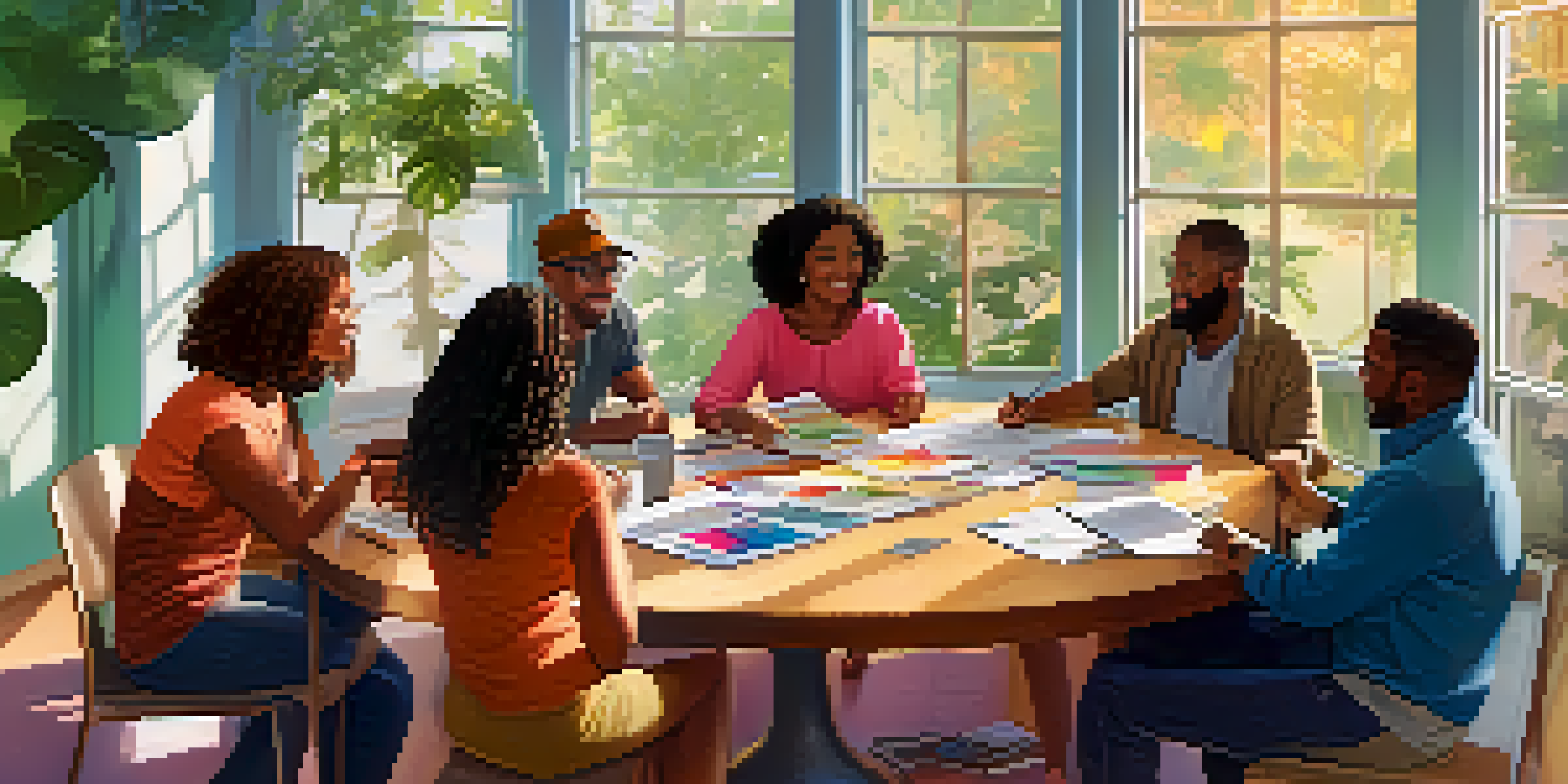 A diverse group of people sitting around a table discussing community projects with sunlight streaming through windows.