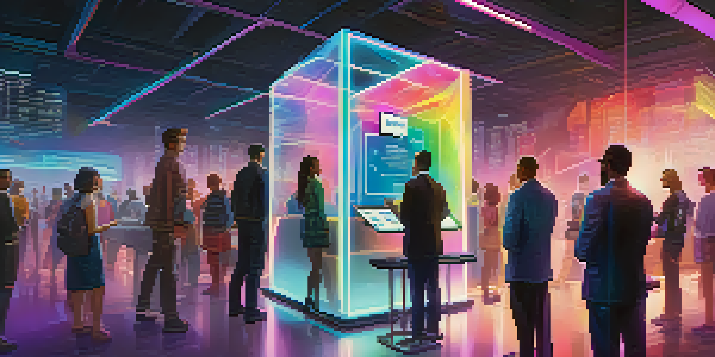 A modern voting booth with a digital interface and diverse individuals casting their votes, illuminated by vibrant colors and a glowing blockchain symbol in the background.
