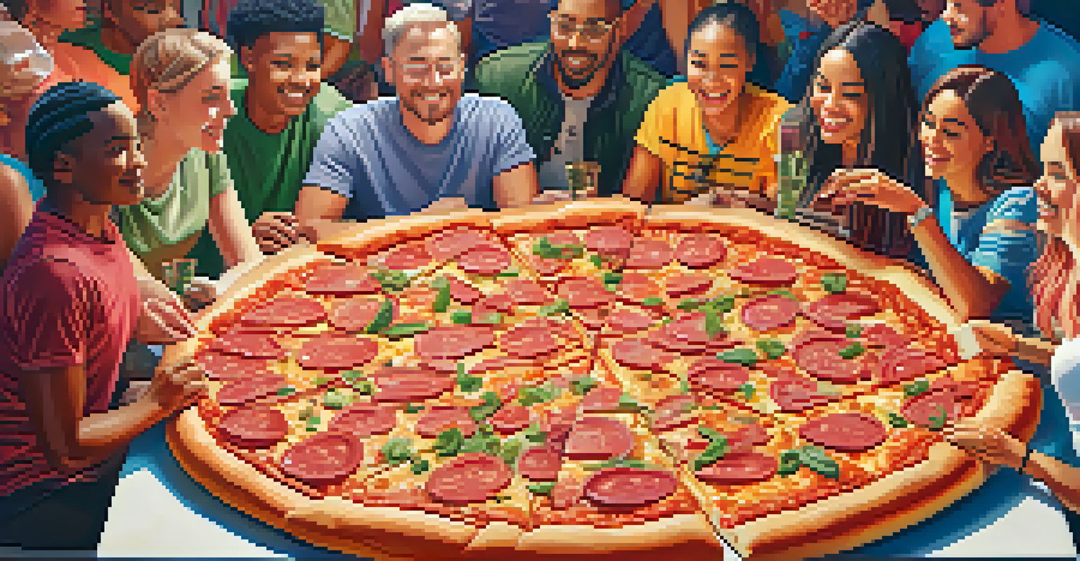 A diverse group of people discussing ownership around a large pizza, where each slice symbolizes a digital asset token.