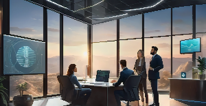 A diverse team of professionals collaborating in an office over cryptocurrency data displayed on a digital screen, with natural light illuminating the space.