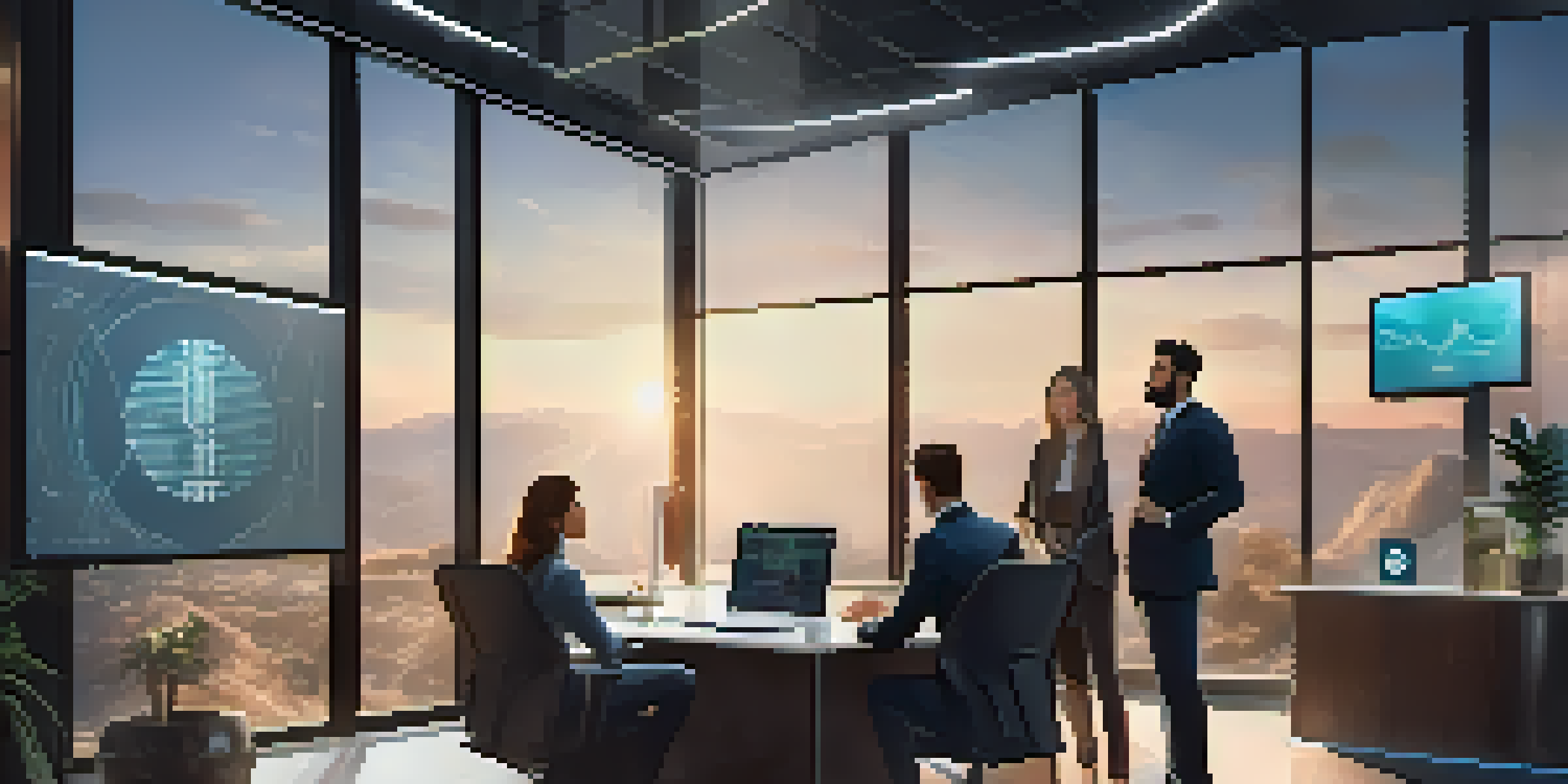 A diverse team of professionals collaborating in an office over cryptocurrency data displayed on a digital screen, with natural light illuminating the space.