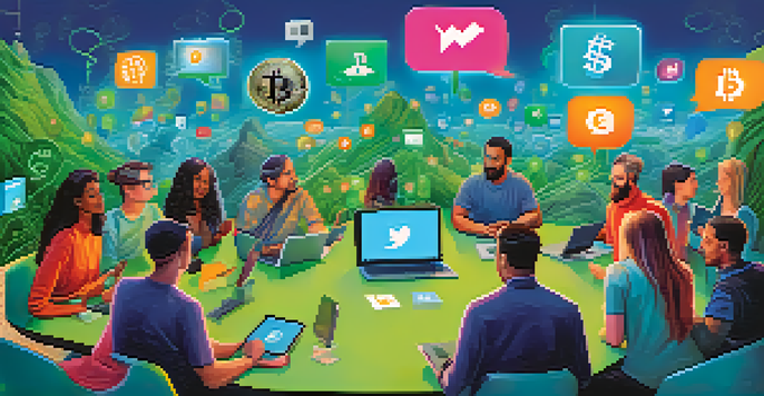 A group of diverse individuals discussing cryptocurrencies in a colorful digital environment with chat bubbles and cryptocurrency icons.