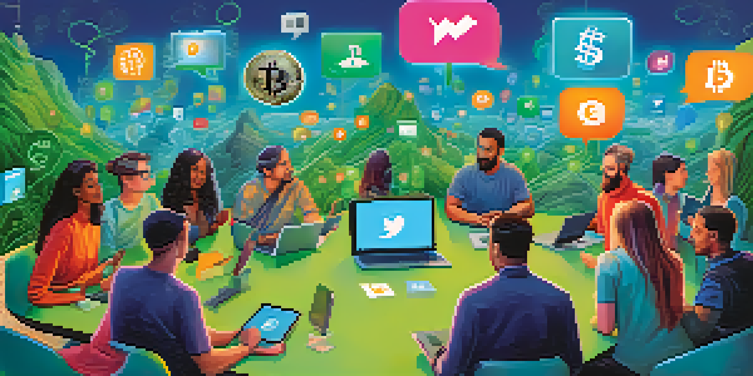 A group of diverse individuals discussing cryptocurrencies in a colorful digital environment with chat bubbles and cryptocurrency icons.