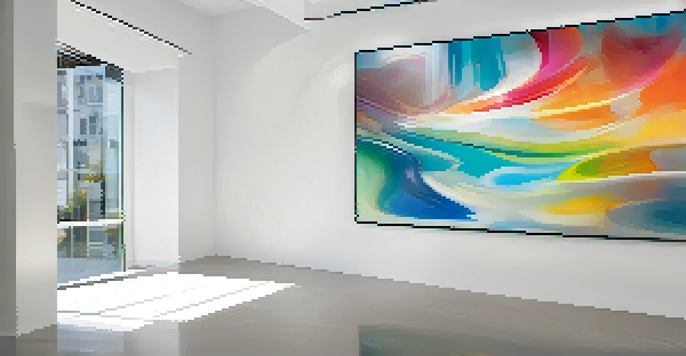 A computer screen displaying a vibrant digital painting in a gallery setting.