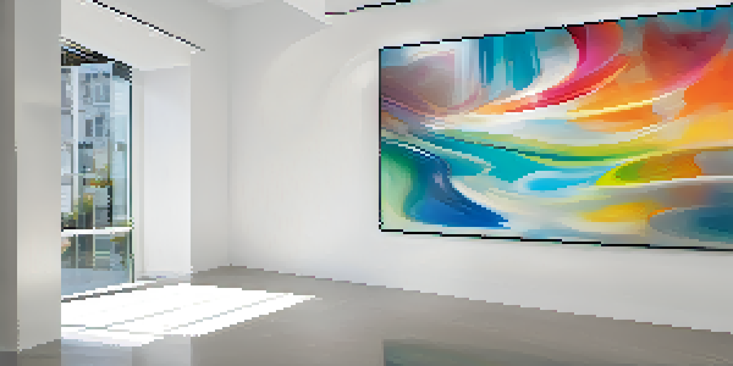 A computer screen displaying a vibrant digital painting in a gallery setting.