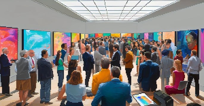 A lively contemporary art auction with diverse collectors bidding on digital artworks, modern decor, and vibrant abstract paintings in the background.