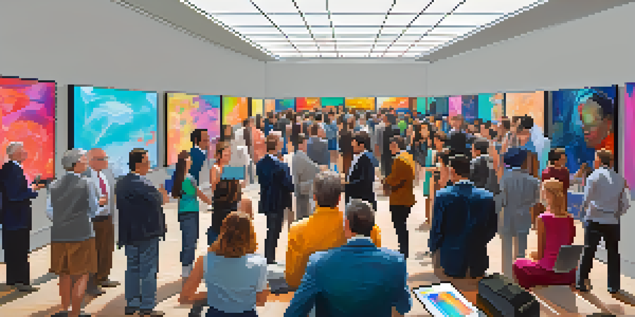 A lively contemporary art auction with diverse collectors bidding on digital artworks, modern decor, and vibrant abstract paintings in the background.