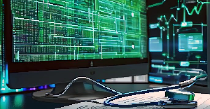 A computer screen showing a digital blockchain ledger surrounded by medical documents and a stethoscope, illuminated in blue and green colors.