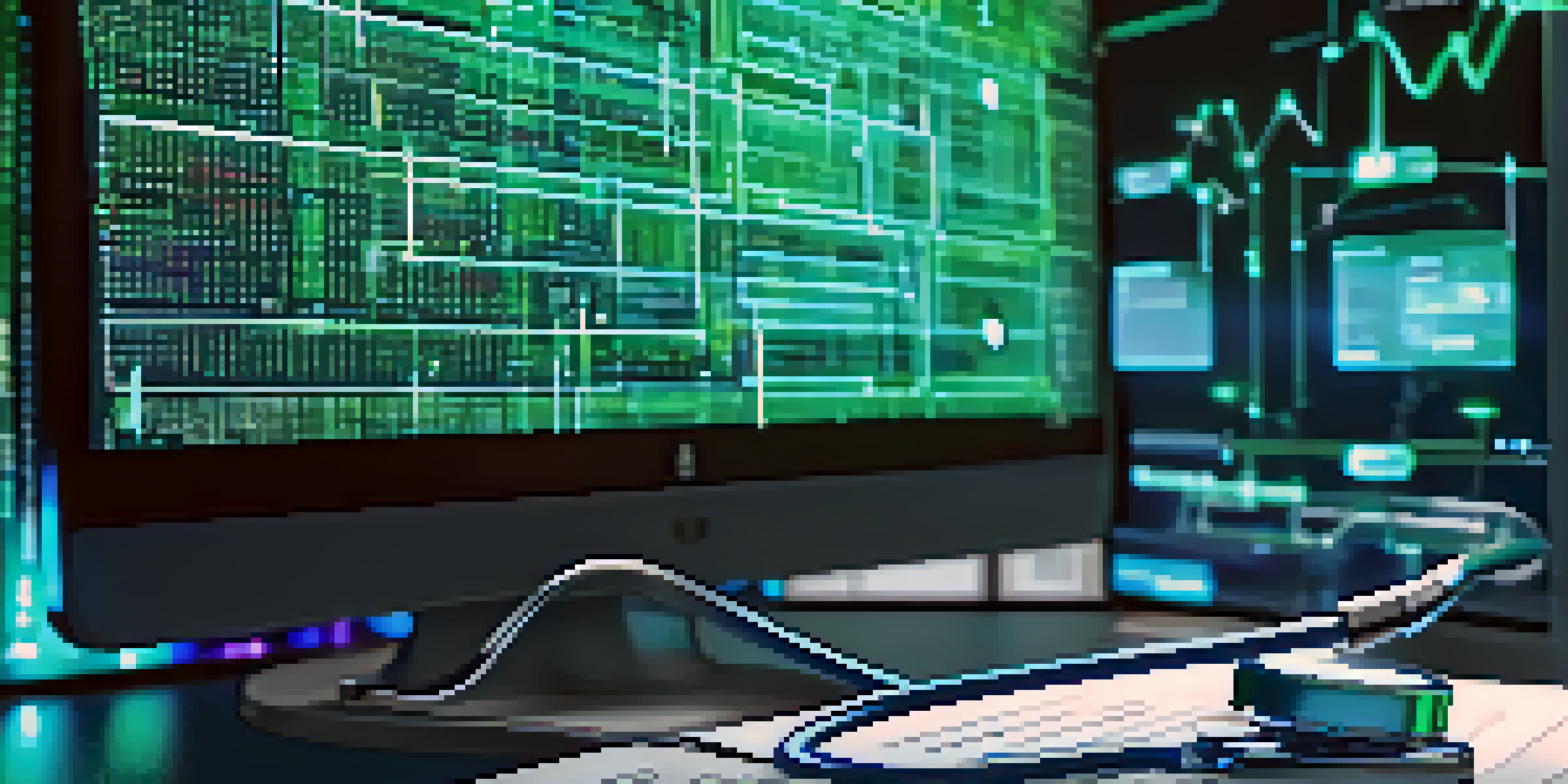 A computer screen showing a digital blockchain ledger surrounded by medical documents and a stethoscope, illuminated in blue and green colors.