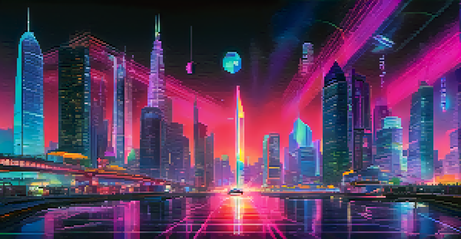 A futuristic cityscape with holographic displays of cryptocurrency and NFTs in vibrant neon colors.