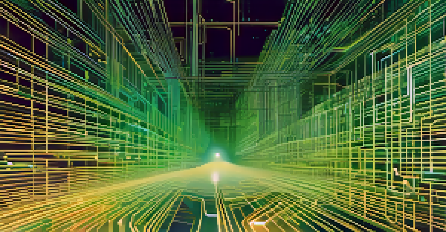 An abstract digital landscape showcasing AI algorithms and vibrant lines of code related to cryptocurrency mining.