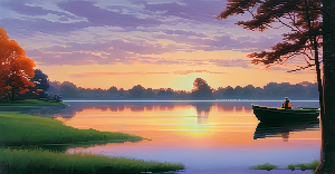 A tranquil lake at sunset with colorful reflections and a silhouette of a small boat.