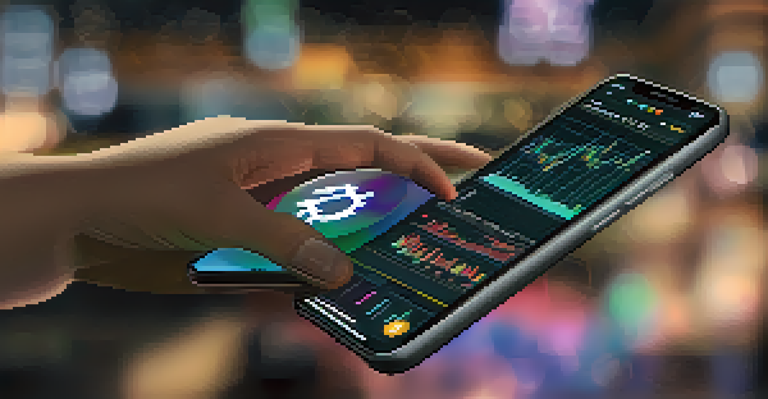Close-up of hands holding a smartphone showing cryptocurrency trading graphs, with a blurred background.