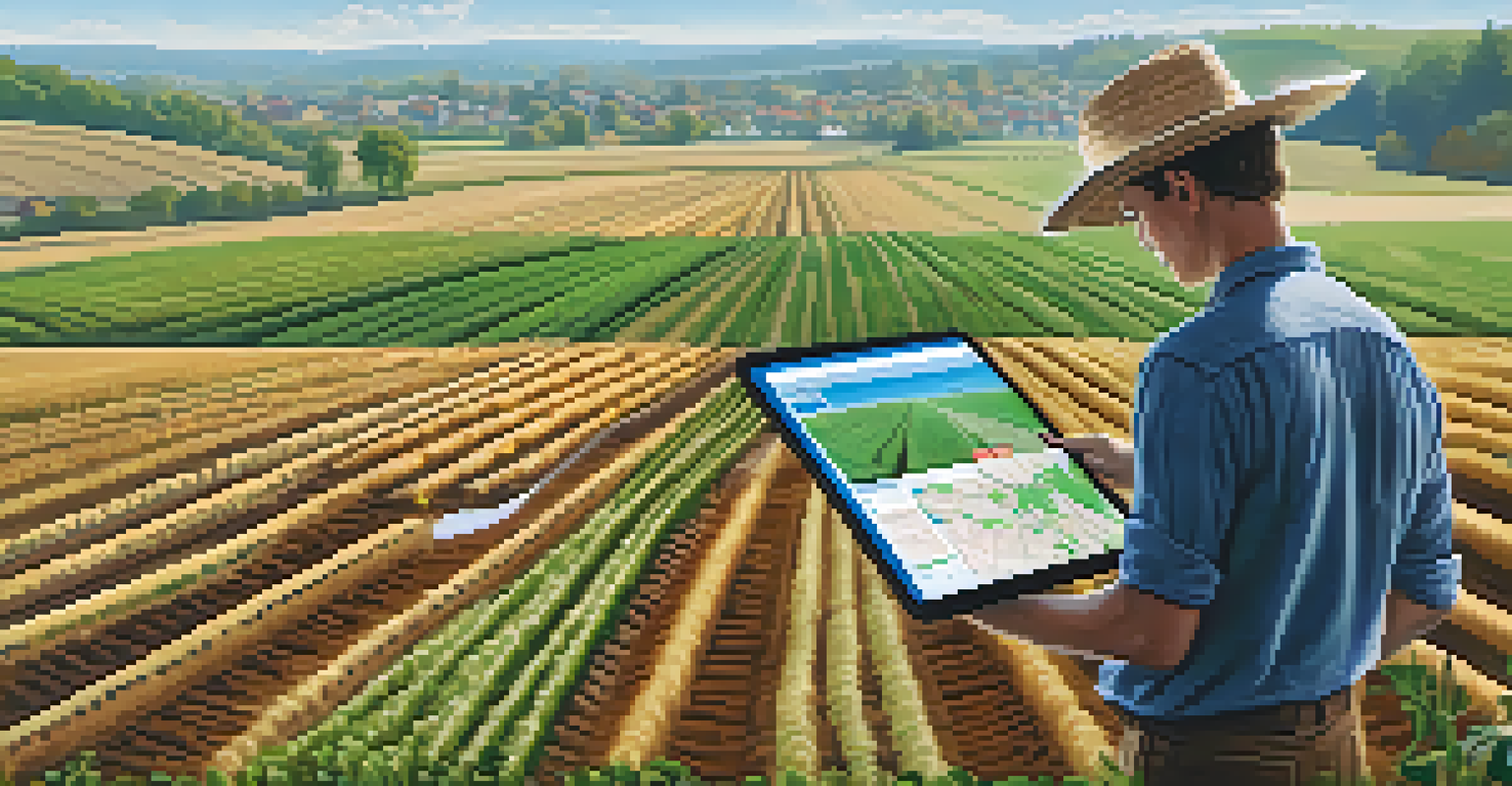 A farmer in a field using a tablet to view a digital map of crop traceability, with rows of crops and a grocery store in the background.