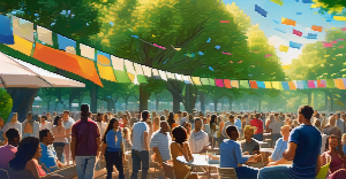 A diverse group of people in a park discussing decentralized insurance, with colorful banners and digital displays, under a clear blue sky.