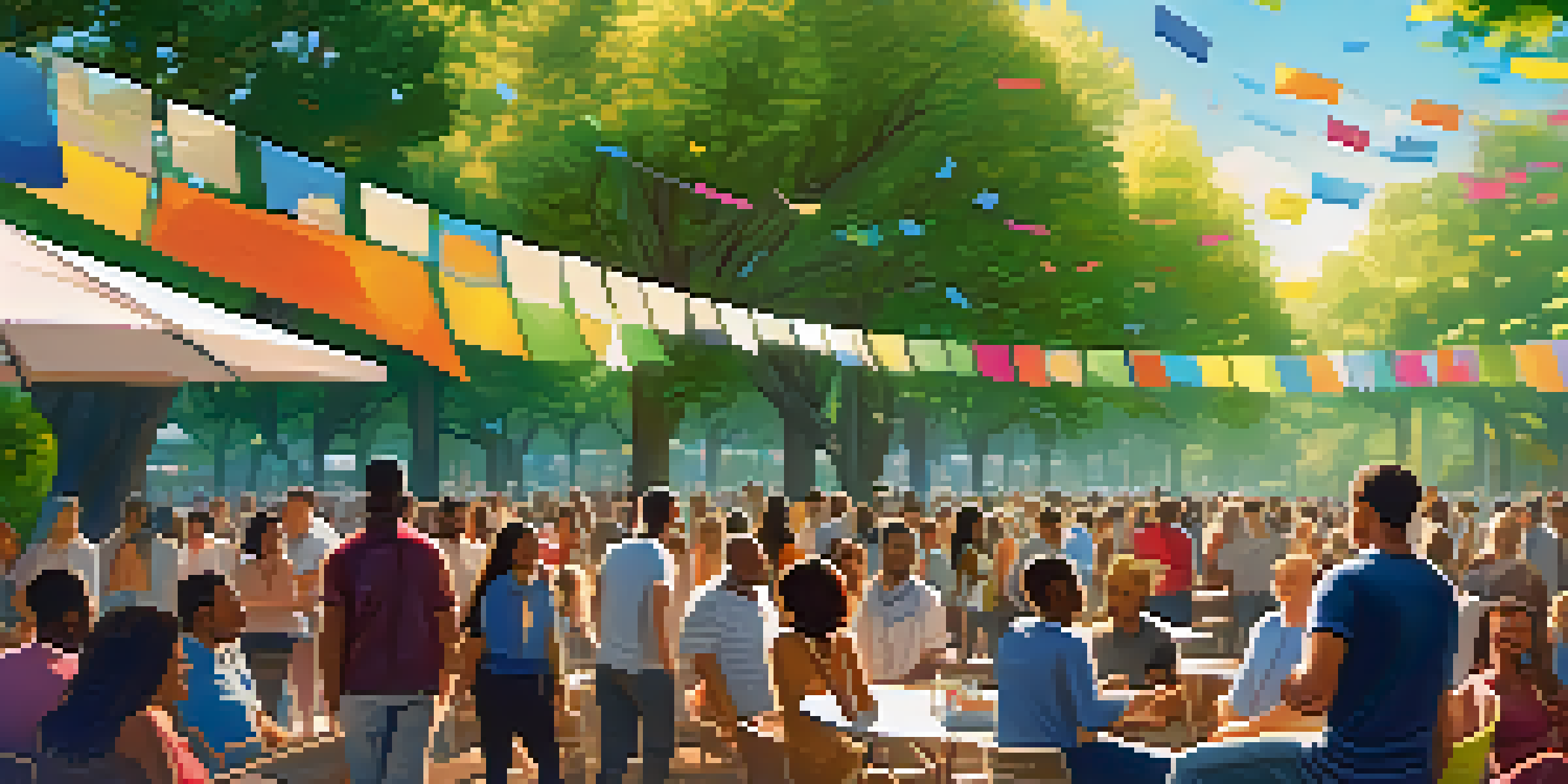 A diverse group of people in a park discussing decentralized insurance, with colorful banners and digital displays, under a clear blue sky.