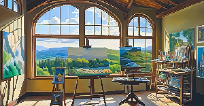 An artist's studio with colorful paints and an easel holding a half-finished landscape painting, illuminated by warm sunlight.