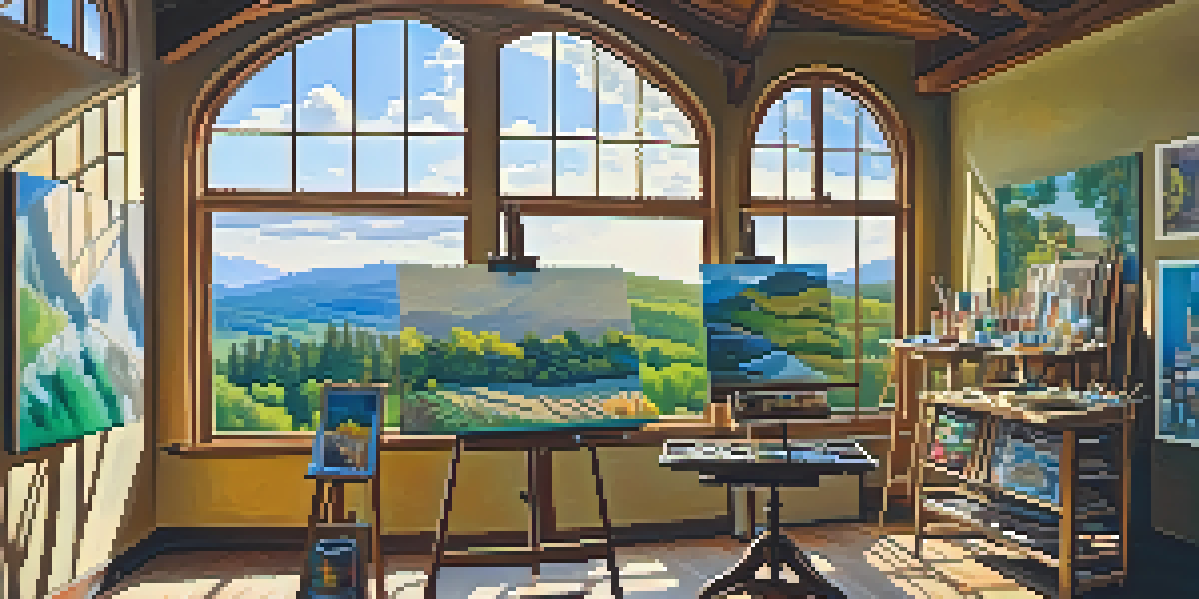 An artist's studio with colorful paints and an easel holding a half-finished landscape painting, illuminated by warm sunlight.