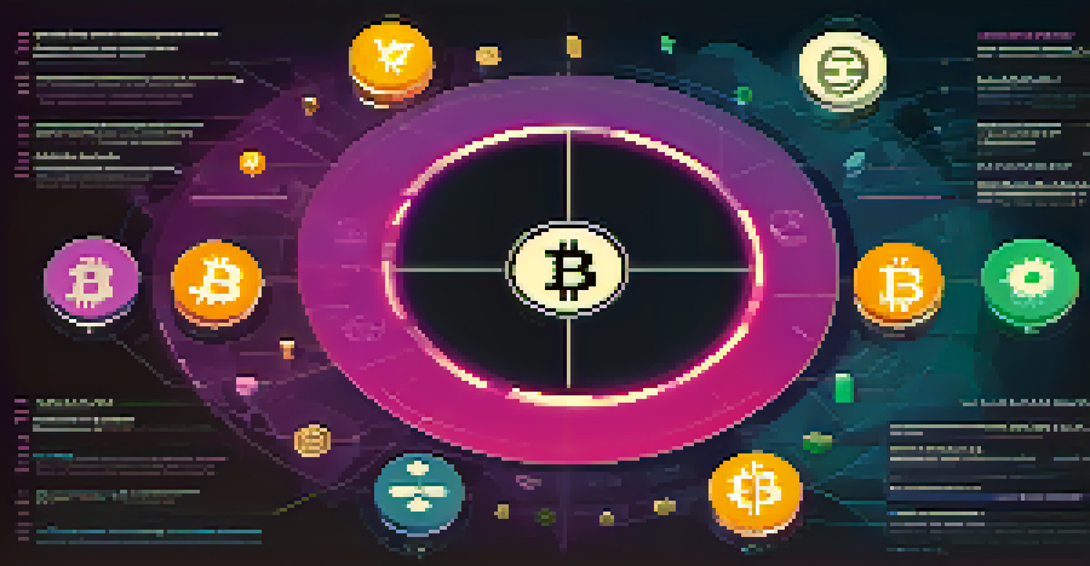An infographic displaying various cryptocurrency icons in a circular layout against a blue and purple gradient background, with educational text.