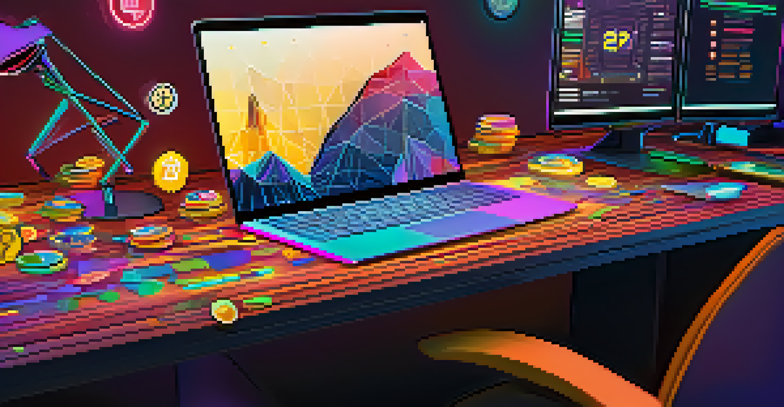 A vibrant cryptocurrency-themed workspace with a laptop showing crypto charts and colorful coins.