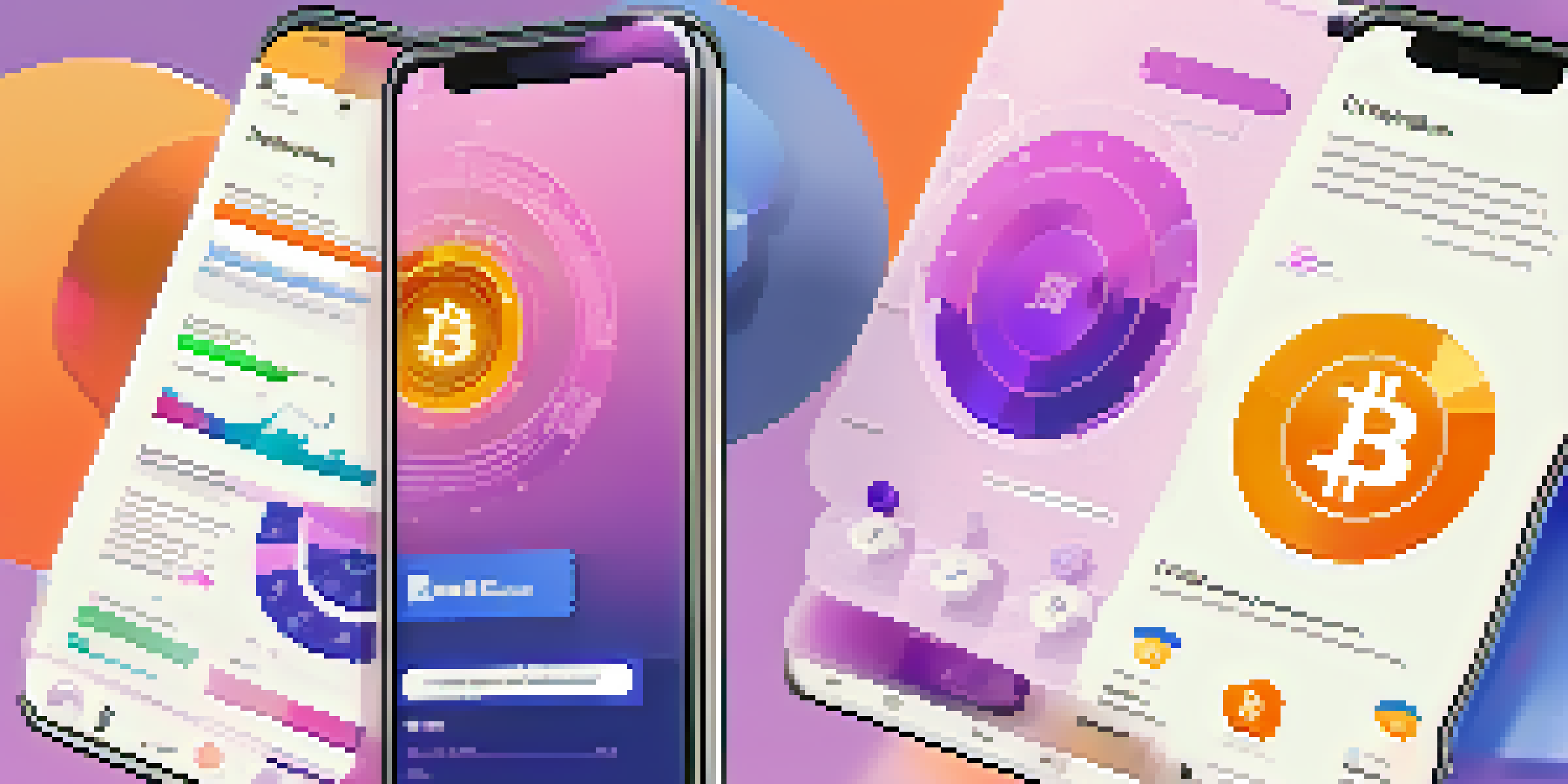 A colorful Instagram feed filled with cryptocurrency infographics, charts, and memes displayed on a mock smartphone.