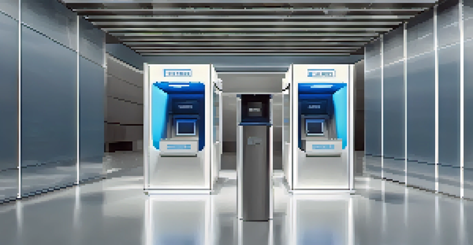 A high-tech voting booth in a secure, well-lit environment, with a transparent panel showing the voting process.