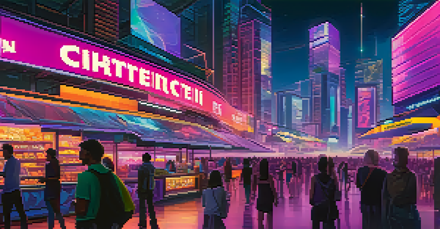 A futuristic marketplace in a digital city, with vendors and customers engaged in cryptocurrency transactions under neon lights.