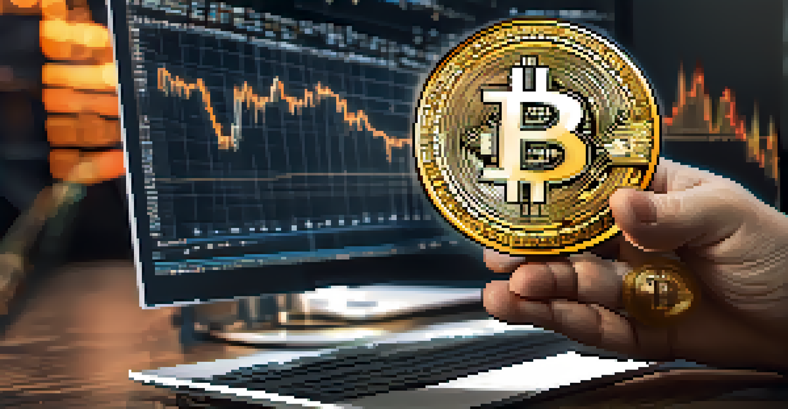 A close-up of a hand holding a Bitcoin in a workspace filled with financial charts.