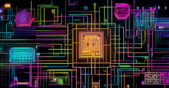 A vibrant close-up of a blockchain network with glowing interconnected blocks and digital lines on a dark background.