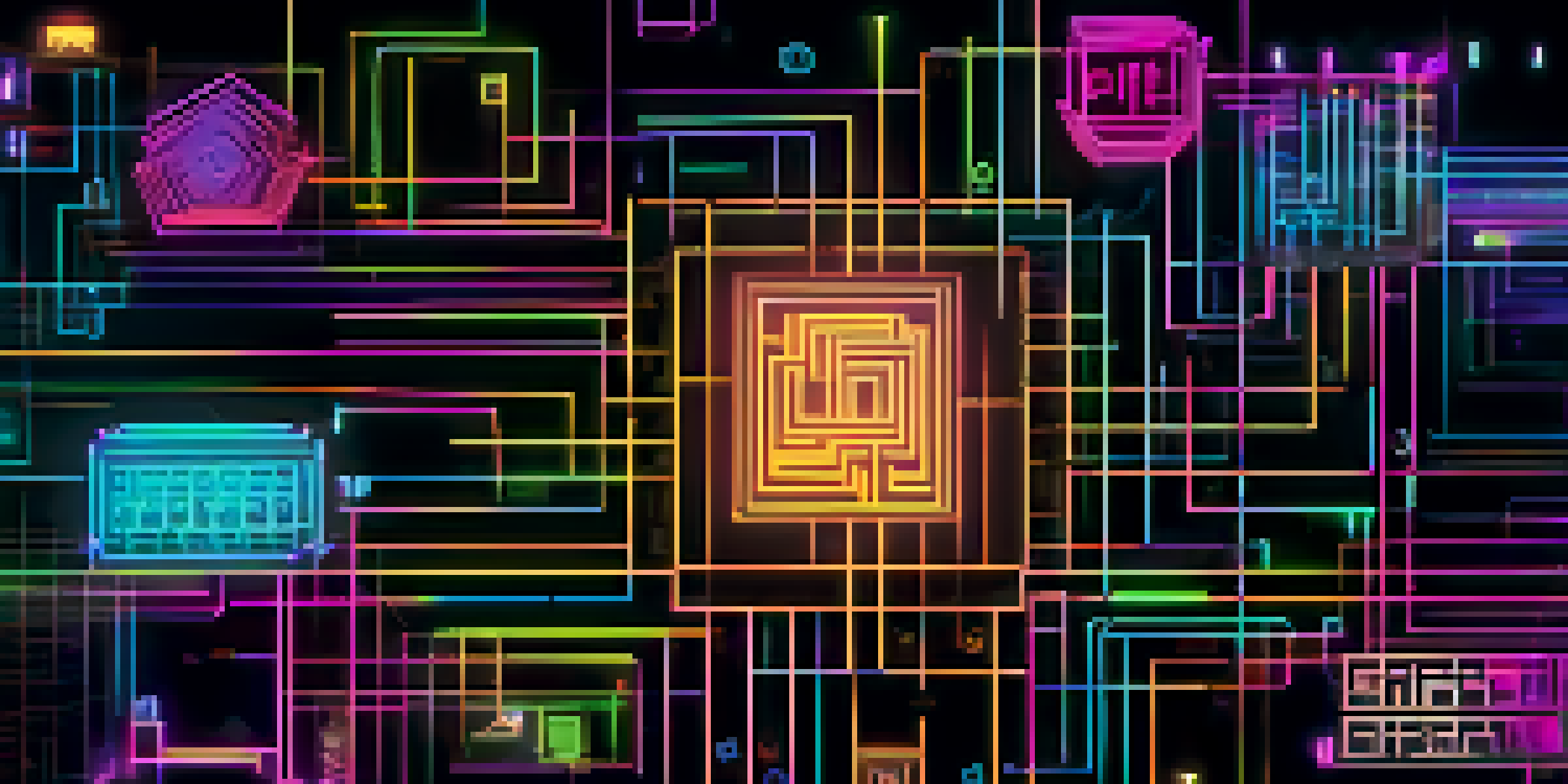 A vibrant close-up of a blockchain network with glowing interconnected blocks and digital lines on a dark background.