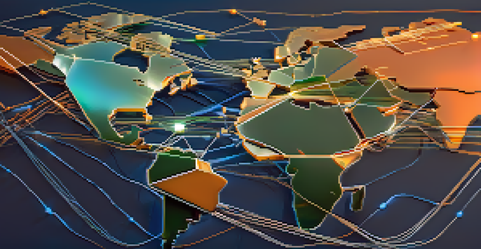 An image showing a split blockchain hard fork, with the original version in blue and green tones on the left, and the new version in orange and gold tones on the right, set against a digital world map background.