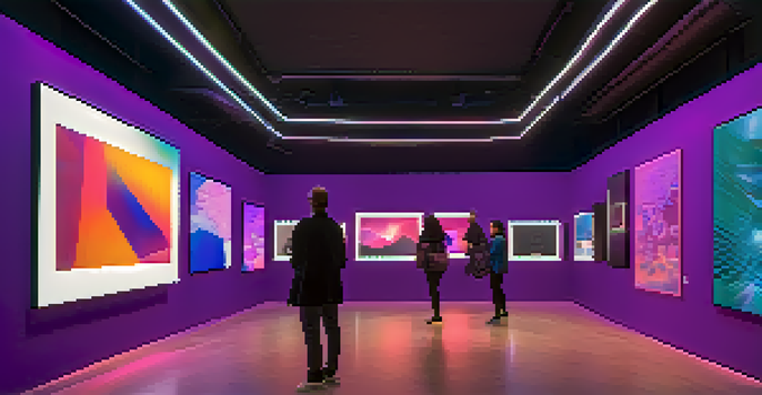 A digital gallery displaying various colorful NFTs with virtual visitors interacting in a bright and immersive environment.