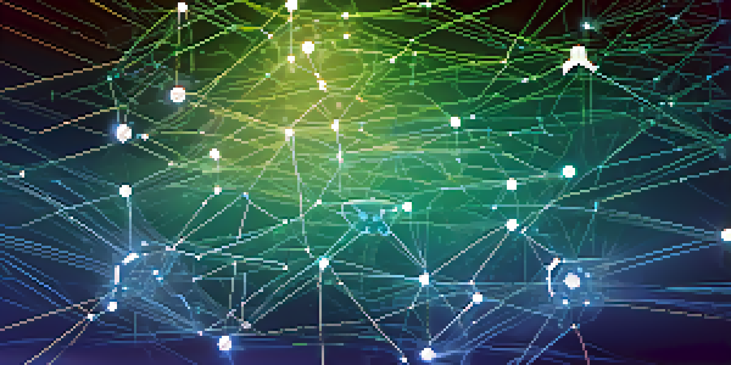 A detailed blockchain network diagram with glowing nodes and lines, representing smart contracts, set against a gradient background.