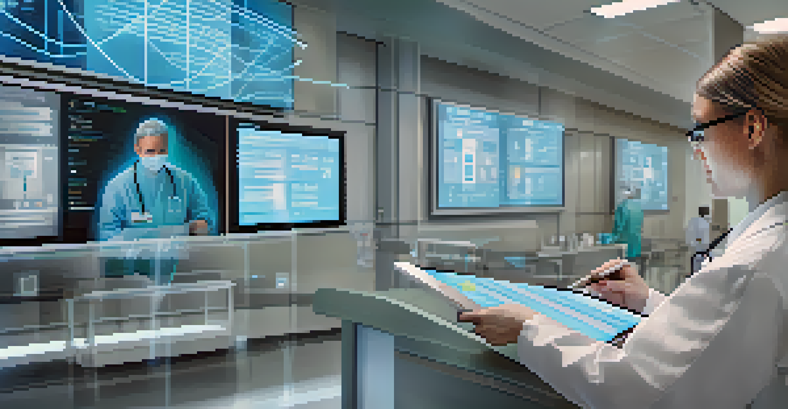 A healthcare professional accessing blockchain records on a tablet in a hospital setting.