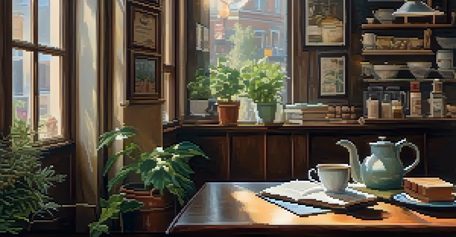A cozy café setting with a cup of coffee and an open book on a wooden table, surrounded by rustic décor.