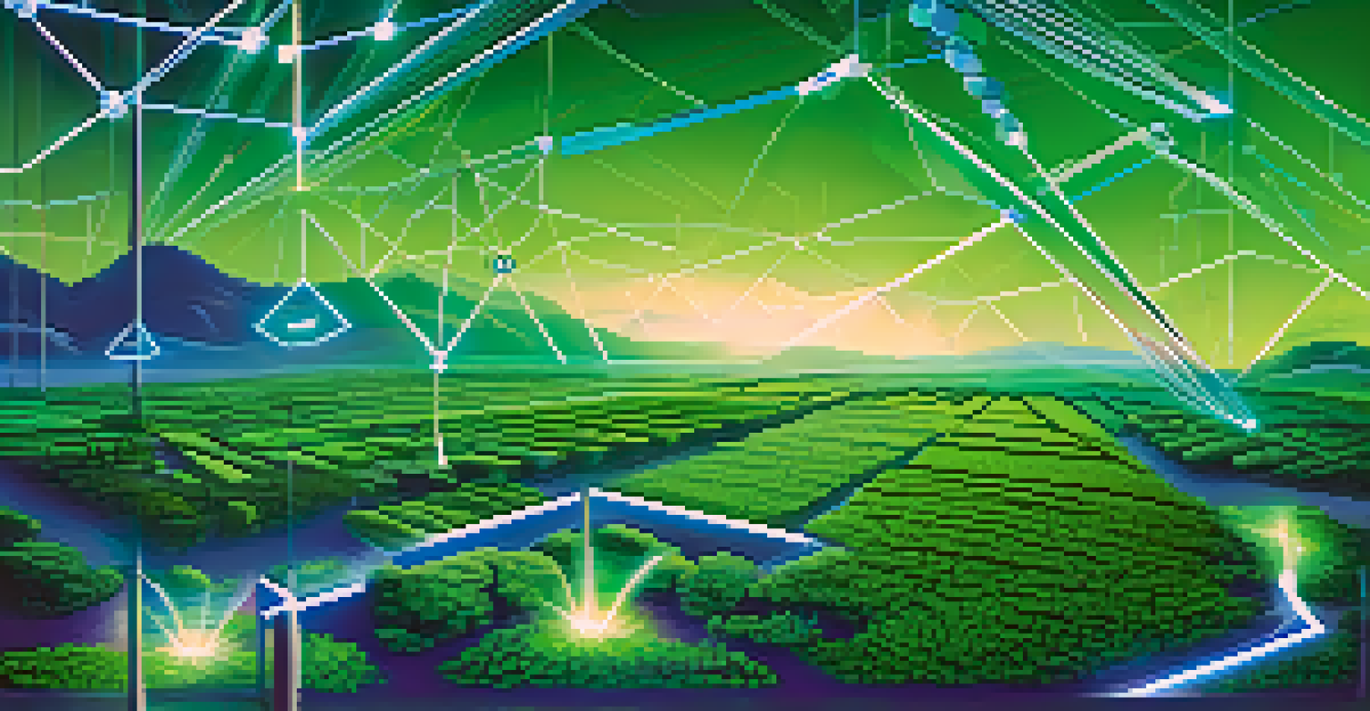 An abstract digital landscape illustrating the concept of yield farming in decentralized finance with interconnected nodes and cryptocurrency symbols.