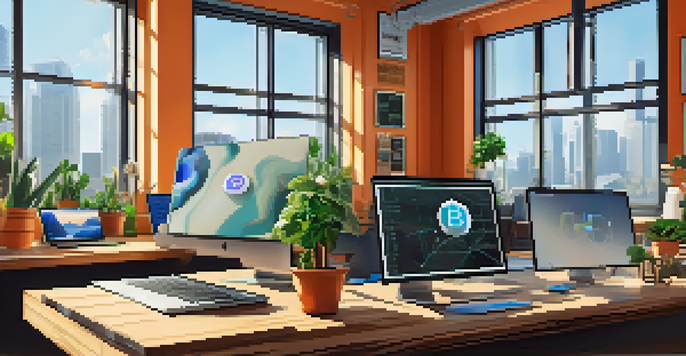 A contemporary workspace showcasing cryptocurrency materials, including laptops and charts, illuminated by natural light.