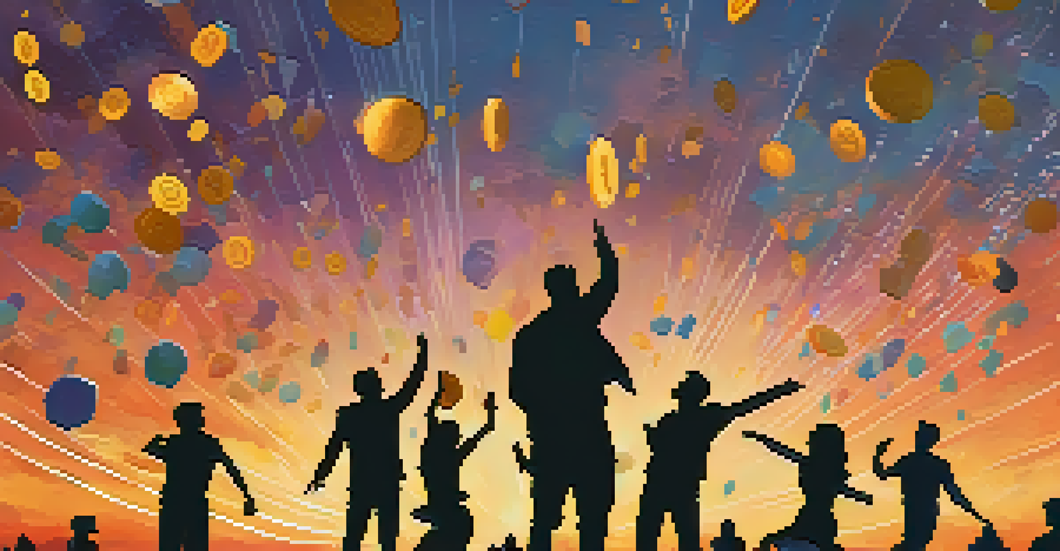Silhouettes of people looking up as colorful cryptocurrency tokens fall from the sky during a sunset.