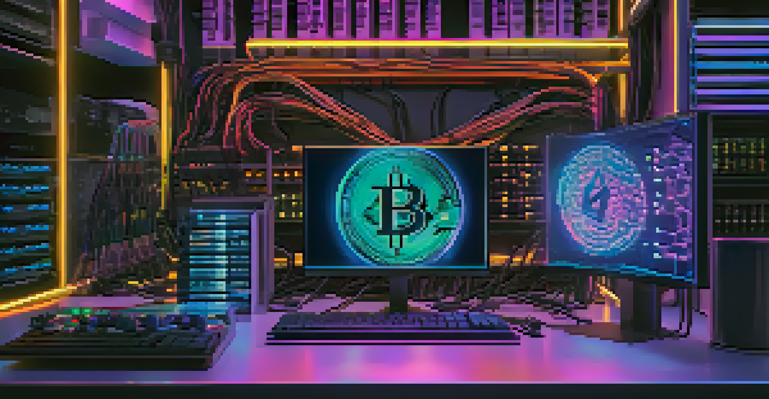 Close-up of a cryptocurrency mining rig with colorful LED lights and cooling fans in a workspace filled with monitors.