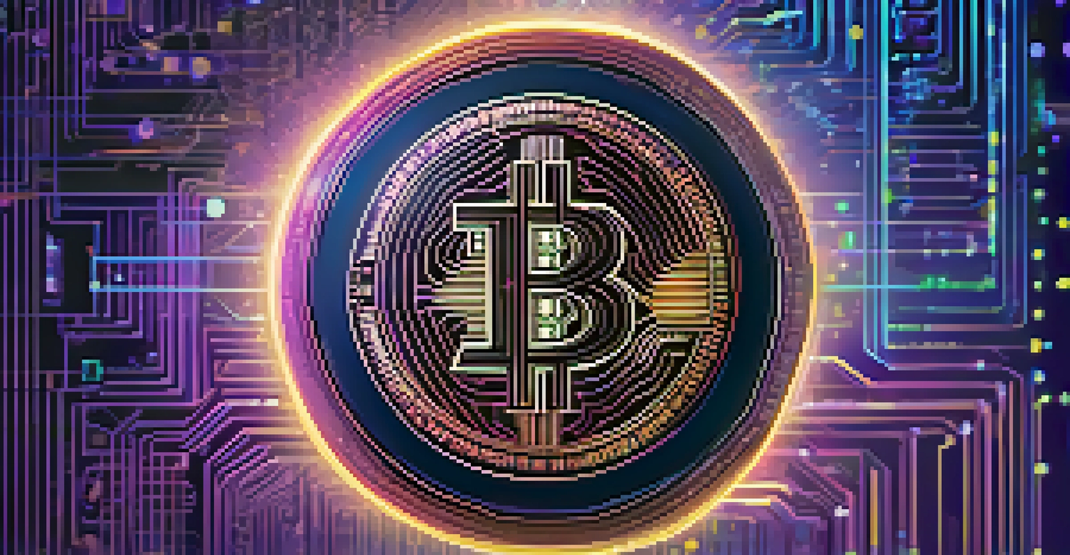 An abstract image of a glowing cryptocurrency coin surrounded by binary codes and geometric shapes in a dark background.