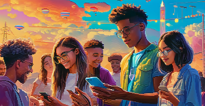 A group of diverse young adults using smartphones in a colorful digital landscape, representing Gen Z's connection to technology and social media.