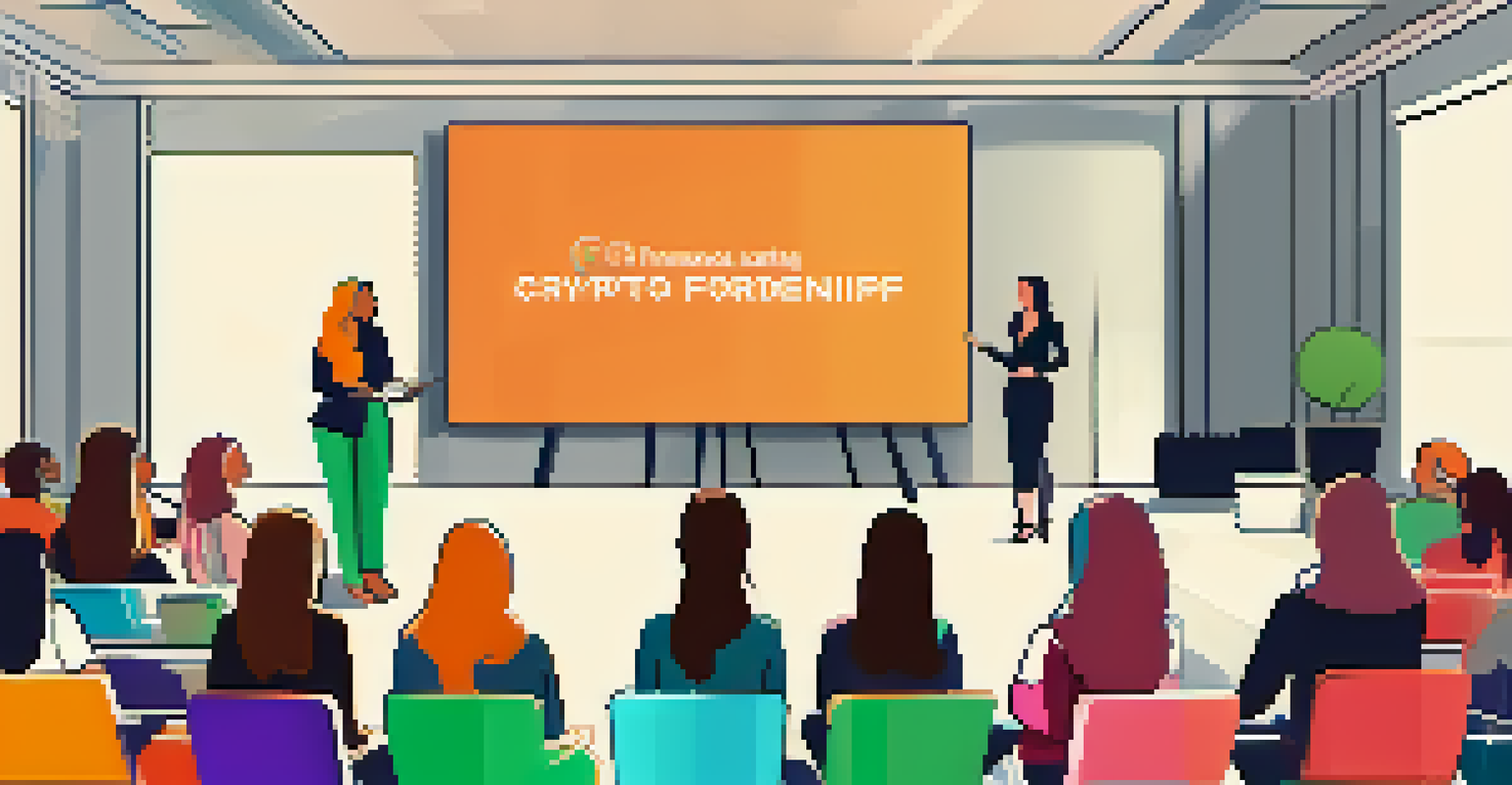 A female speaker presenting cryptocurrency basics to an audience of women in a warm, educational setting.